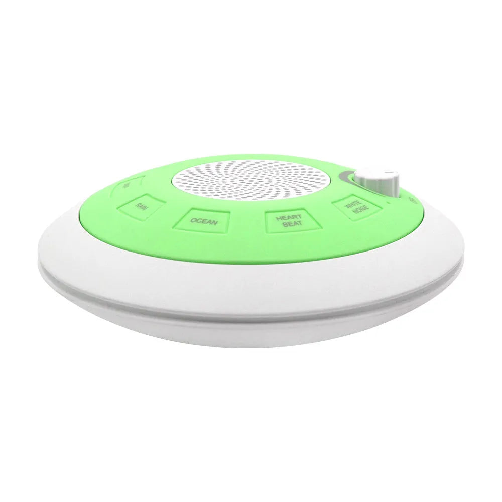 Rechargeable white noise sleep aid instrument in blue or green flying saucer design with music function