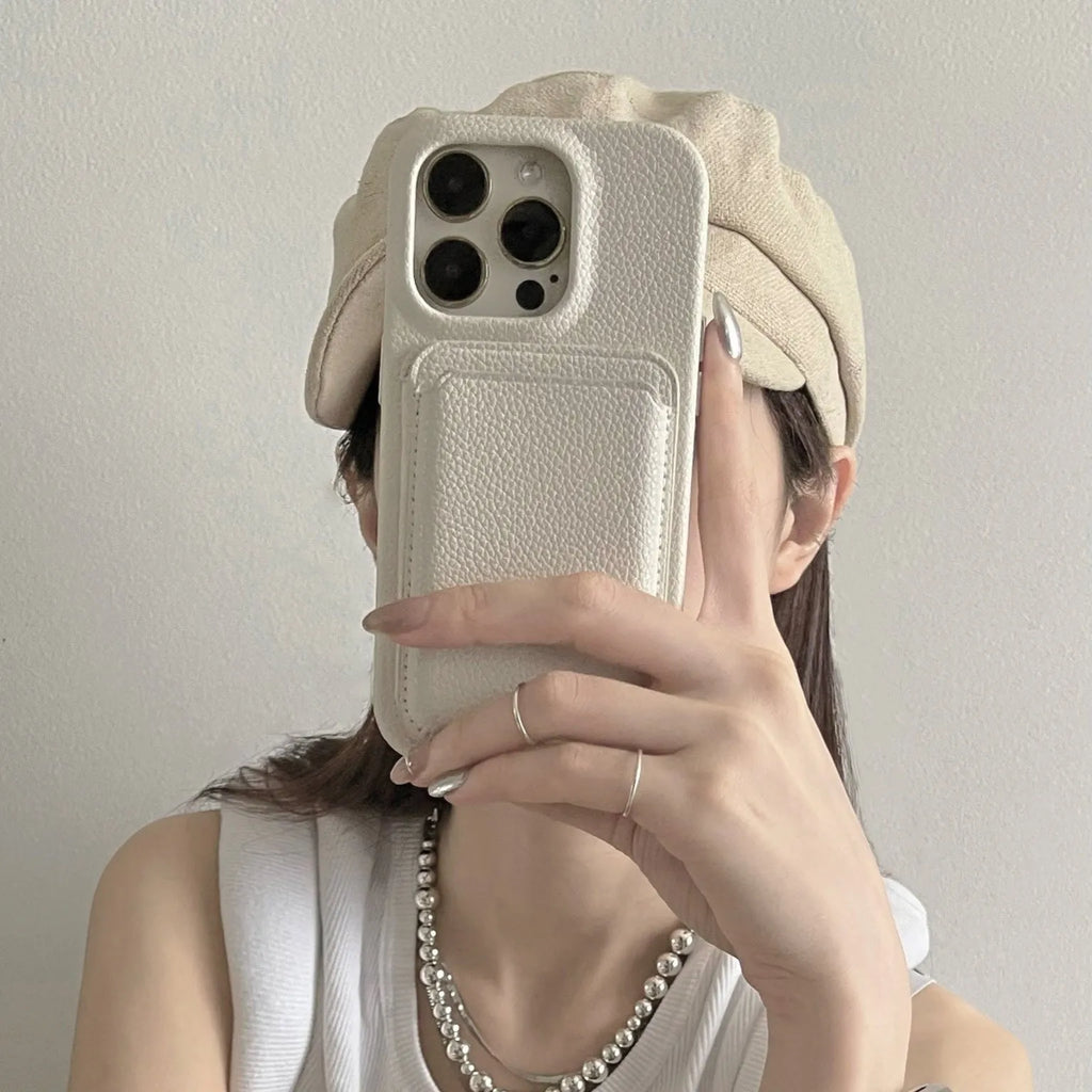 Beige genuine leather phone case with litchi texture for iPhone models 12 to 15 series