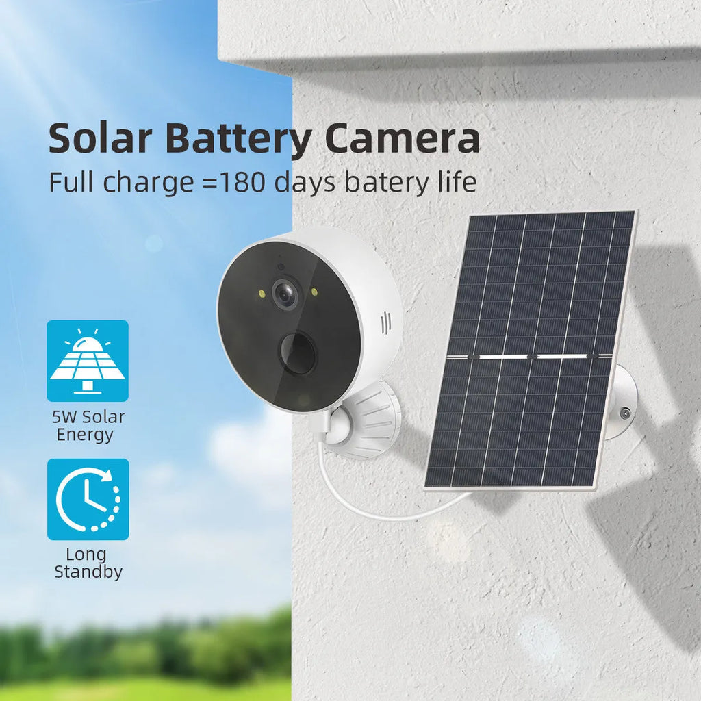 Solar-powered outdoor security camera with solar charging panel