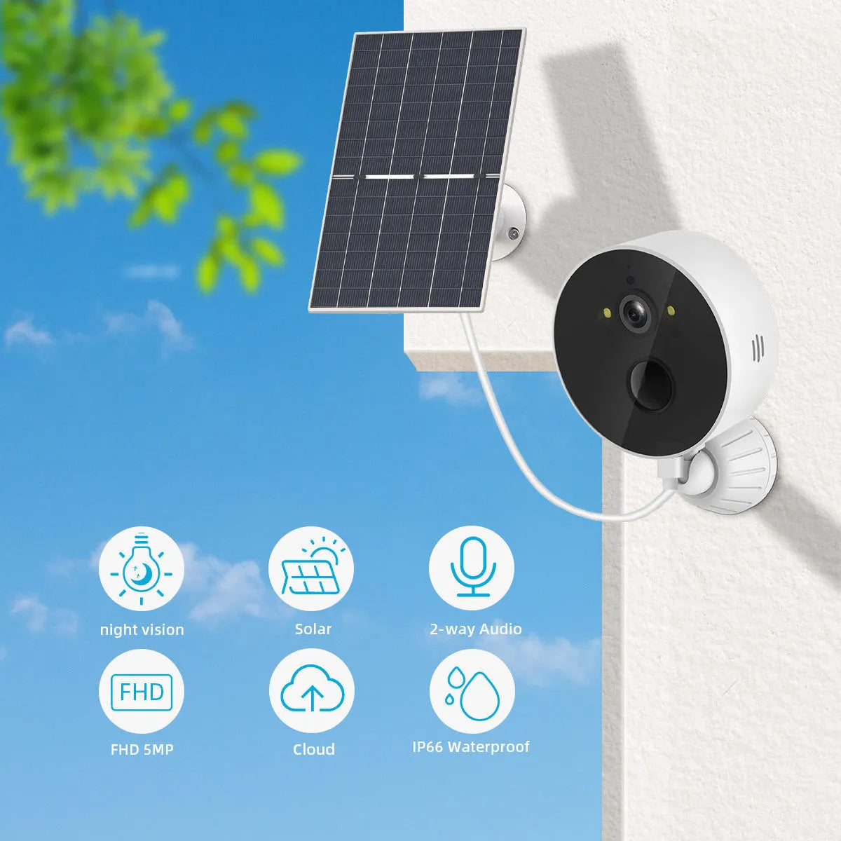 Solar-powered outdoor security camera with solar charging panel