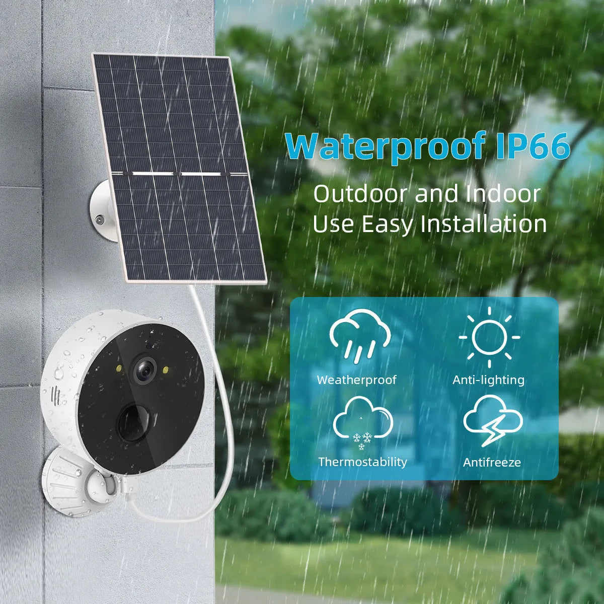 Solar-powered outdoor security camera with solar charging panel