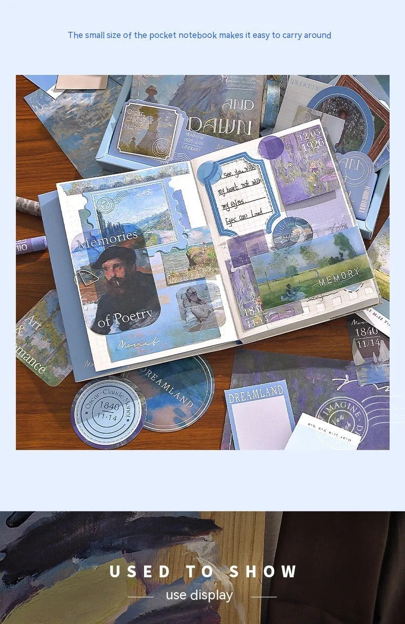 A6 grid creative journal gift box with retro plaid cover showing notebook, material paper, sticky notes, and stationery accessories