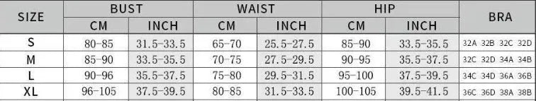 Women's blue one-piece swimsuit set with matching gauze skirt on a size chart