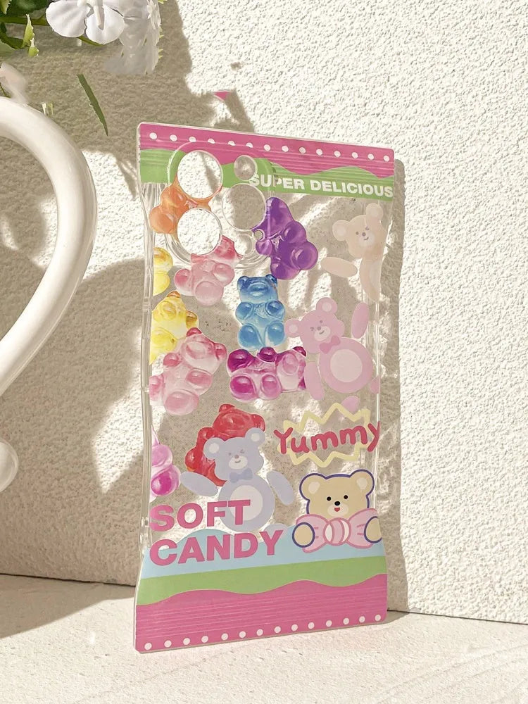 Cartoon cute gummy bear phone case in colourful candy finish, TPU anti-fall cover for iPhone.