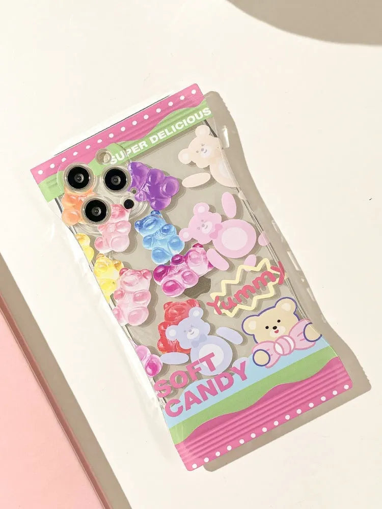 Cartoon cute gummy bear phone case in colourful candy finish, TPU anti-fall cover for iPhone.
