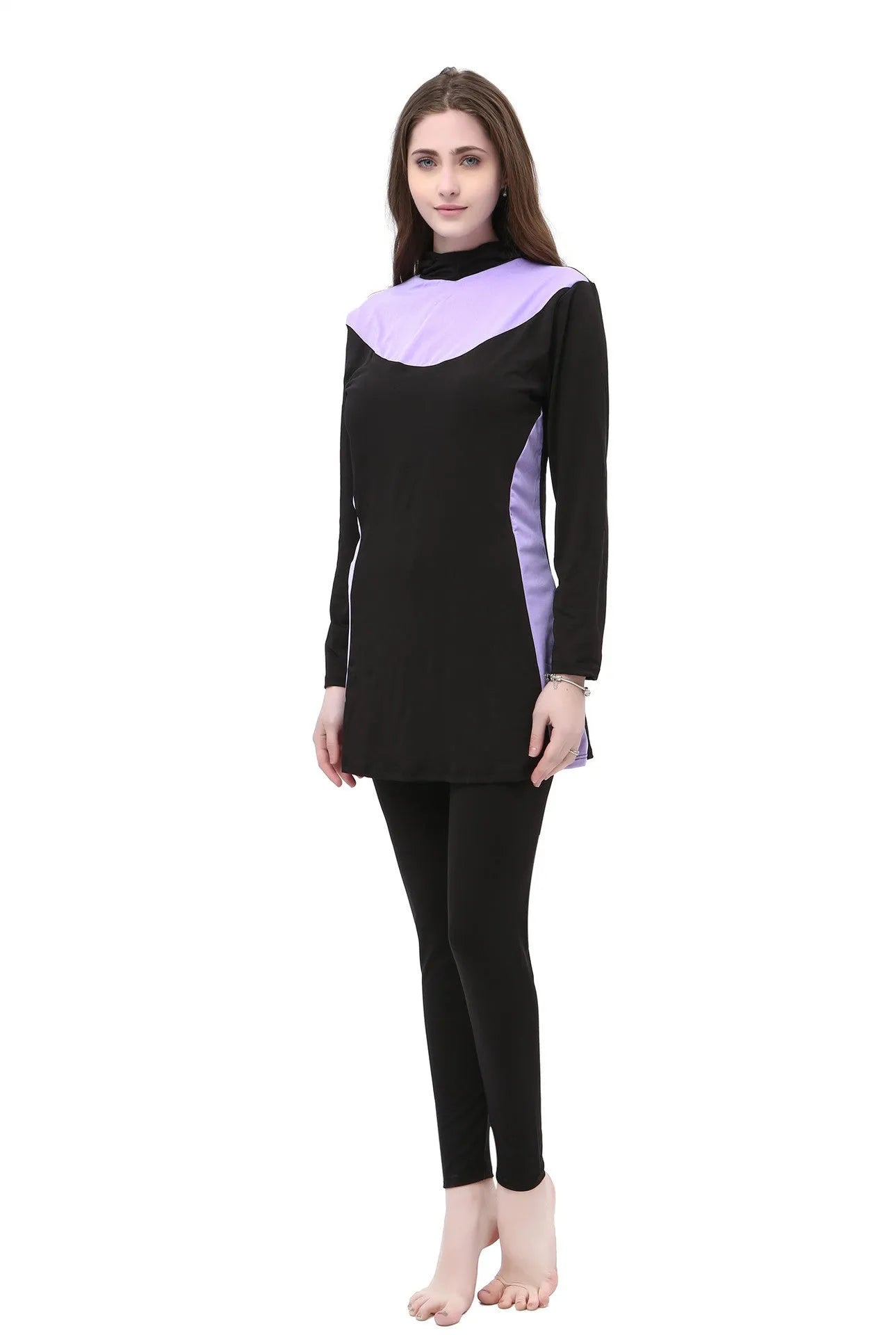 Women's black and blue hooded long sleeve swimsuit top and pants on a hanger.