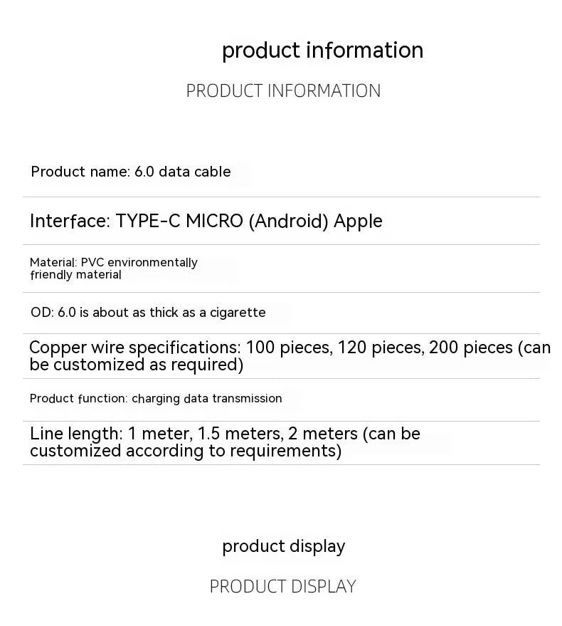 120W fast charging cable 6A bold white PVC with Lightning Micro USB Type-C options