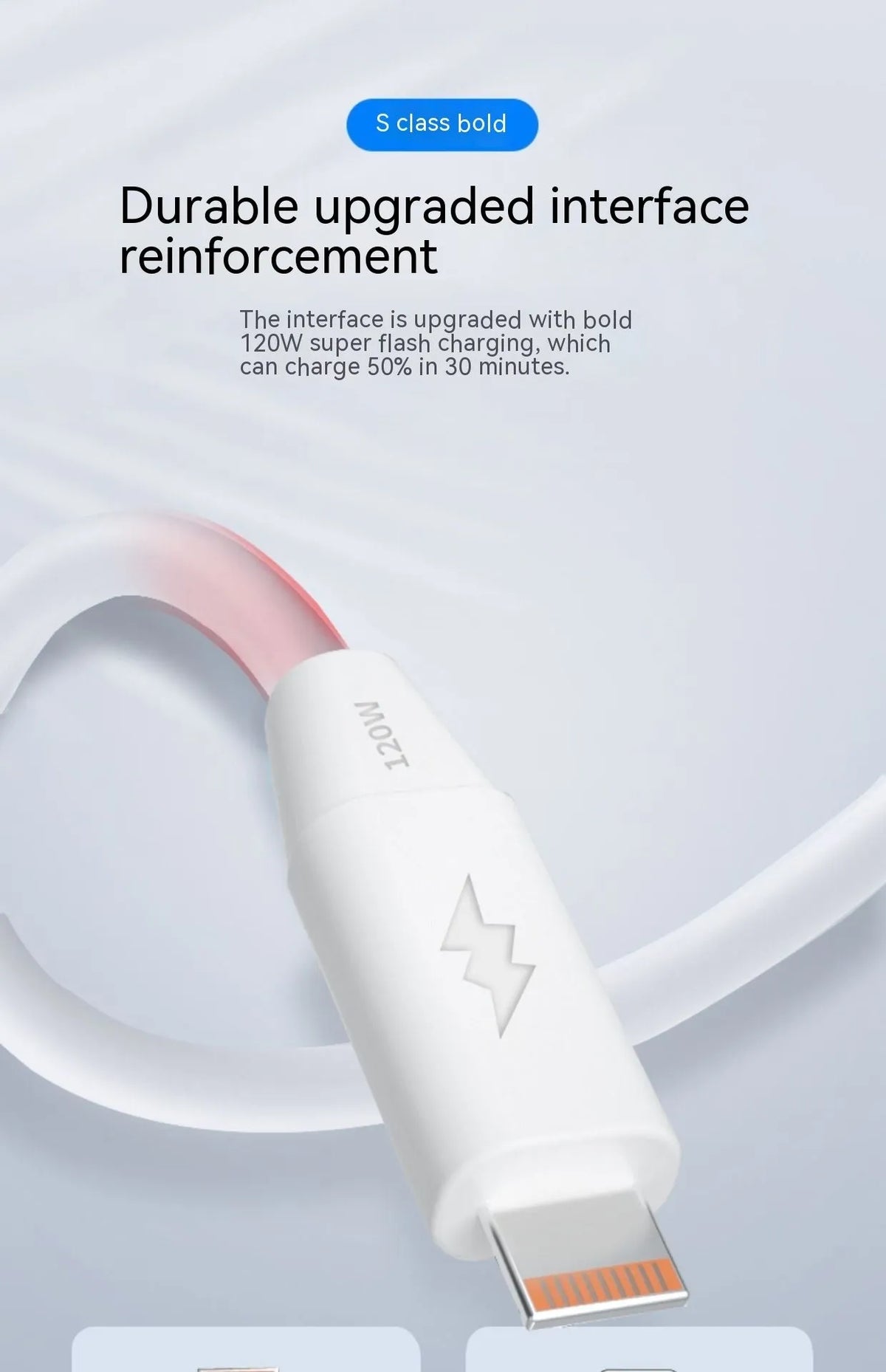120W fast charging cable 6A bold white PVC with Lightning Micro USB Type-C options