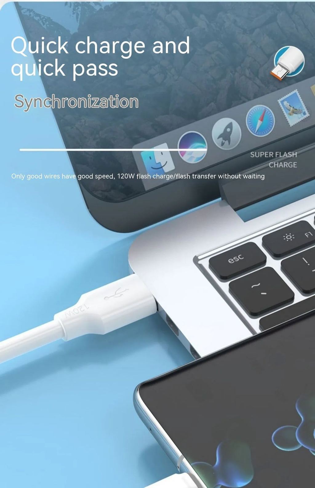 120W fast charging cable 6A bold white PVC with Lightning Micro USB Type-C options