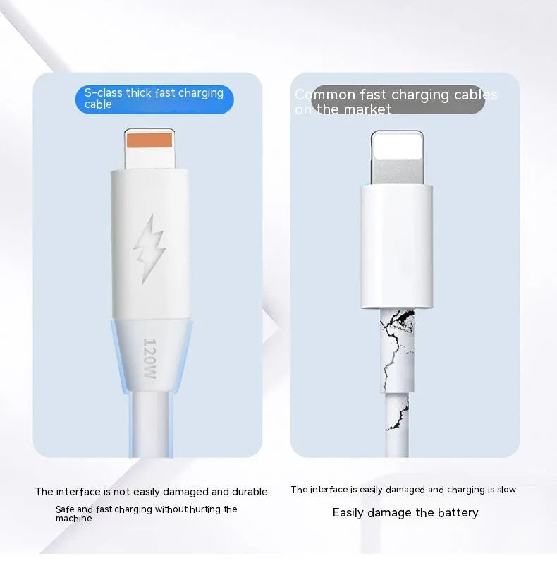 120W fast charging cable 6A bold white PVC with Lightning Micro USB Type-C options