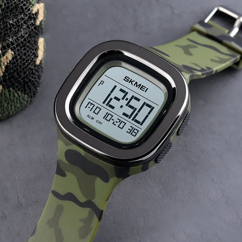 Men's square electronic sports watch with PU strap, stainless steel buckle, available in blue, Army Green, black, and camouflage.