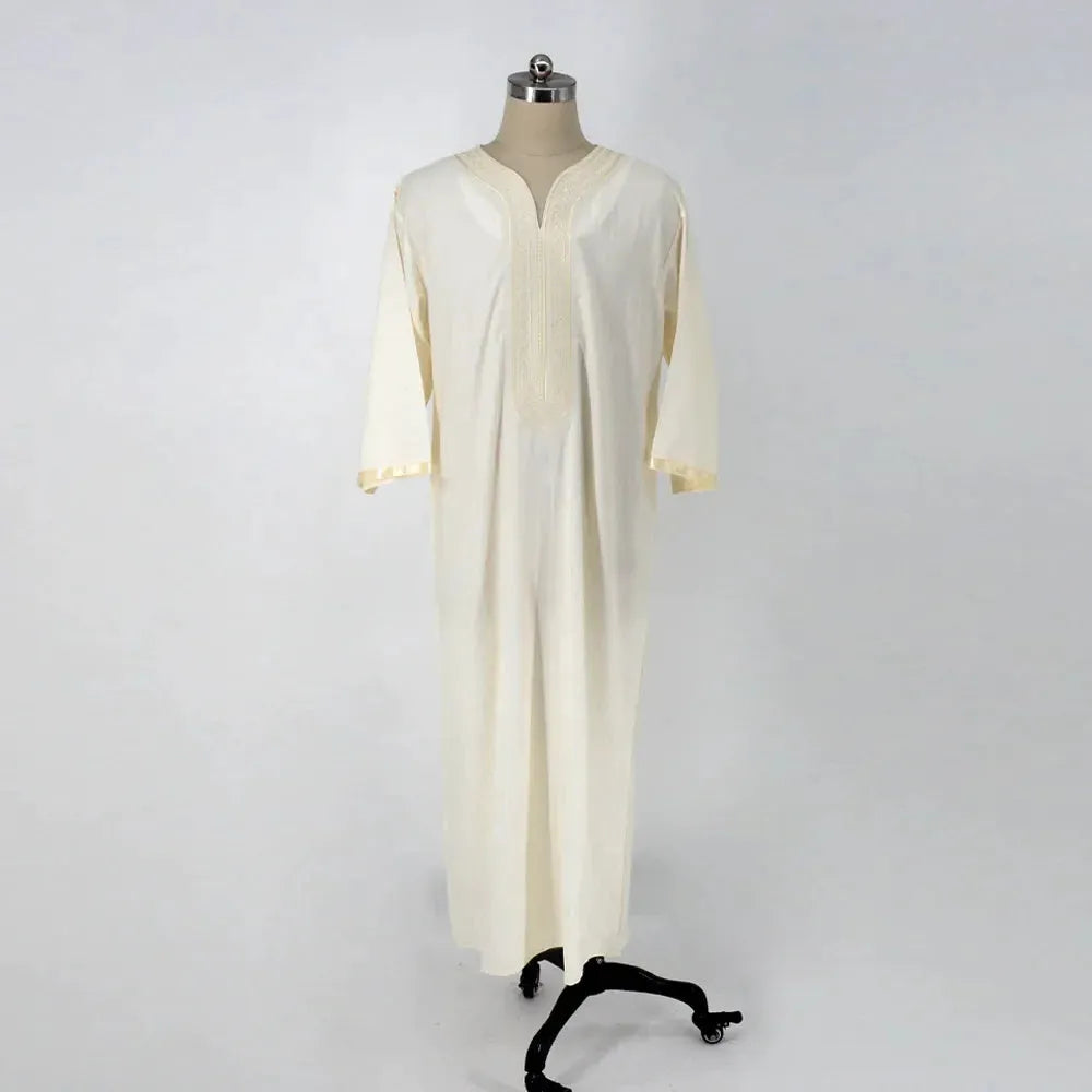 Men's milky white linen blend loose cardigan Muslim robe with short sleeves