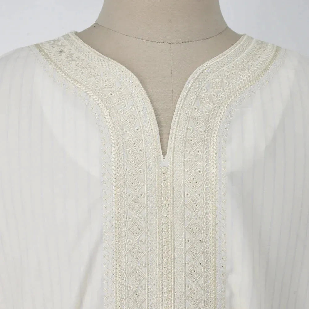 Men's milky white linen blend loose cardigan Muslim robe with short sleeves