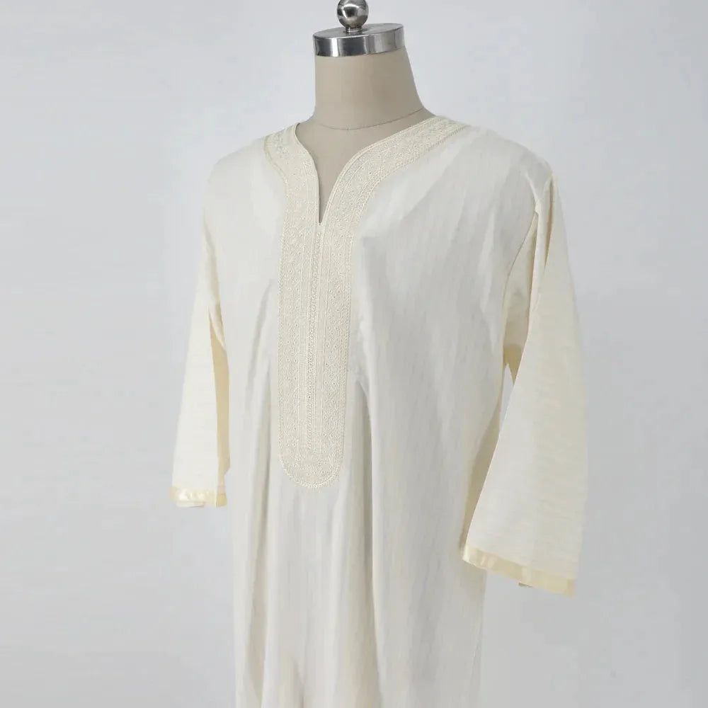 Men's milky white linen blend loose cardigan Muslim robe with short sleeves