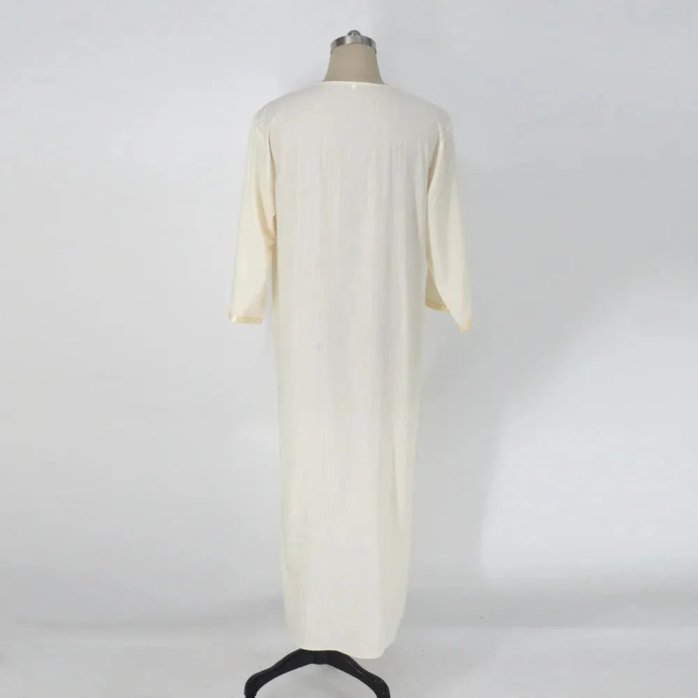 Men's milky white linen blend loose cardigan Muslim robe with short sleeves