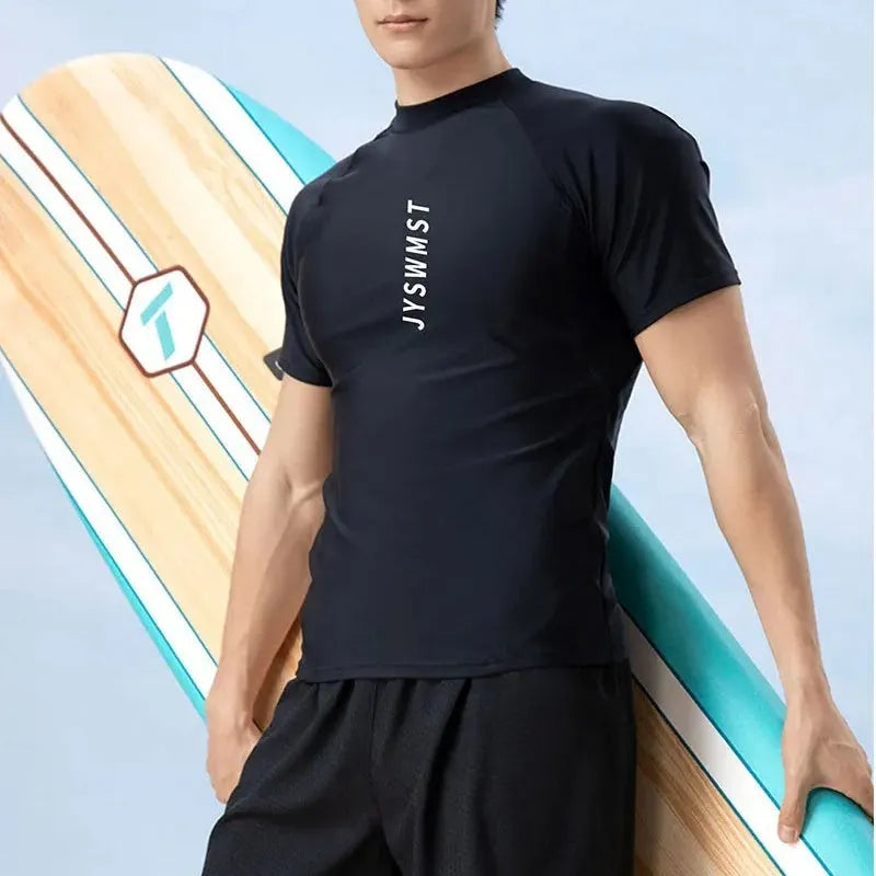 Men's two-piece polyester swimsuit set in plus sizes with matching top and swimming trunks