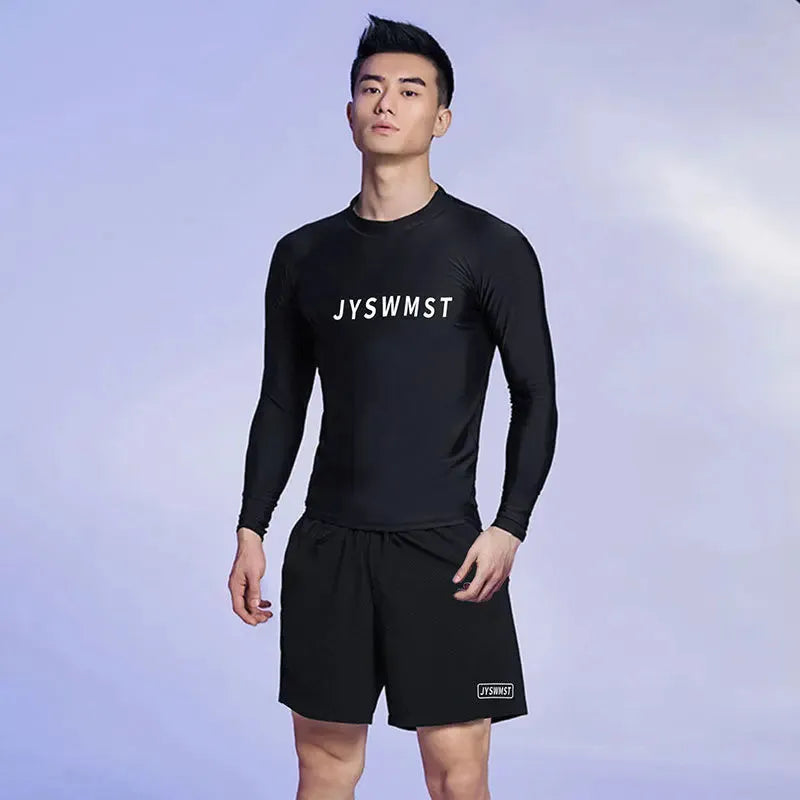 Men's two-piece polyester swimsuit set in plus sizes with matching top and swimming trunks