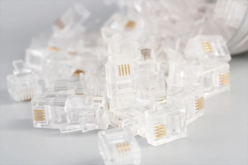 White Category 6 RJ45 crystal plug in canned pack with 100 pieces, injection moulded