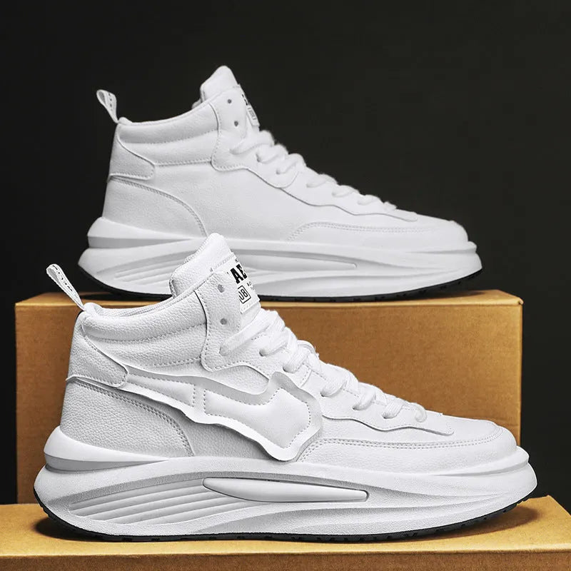 Men's black and white platform high-top board shoes with round toe artificial PU uppers