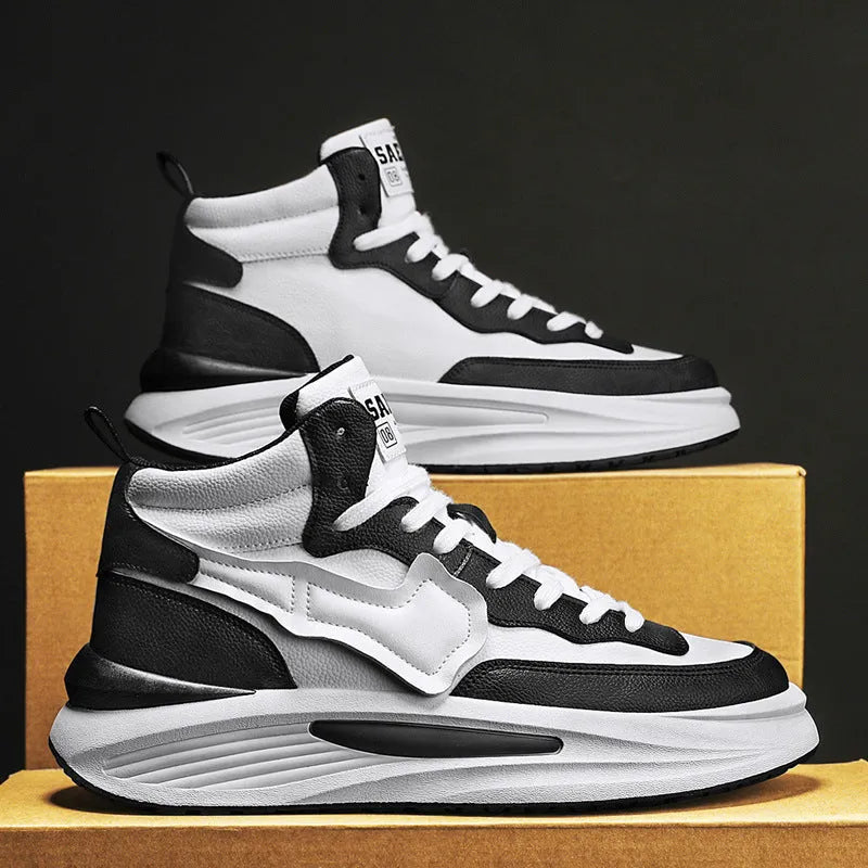 Men's black and white platform high-top board shoes with round toe artificial PU uppers