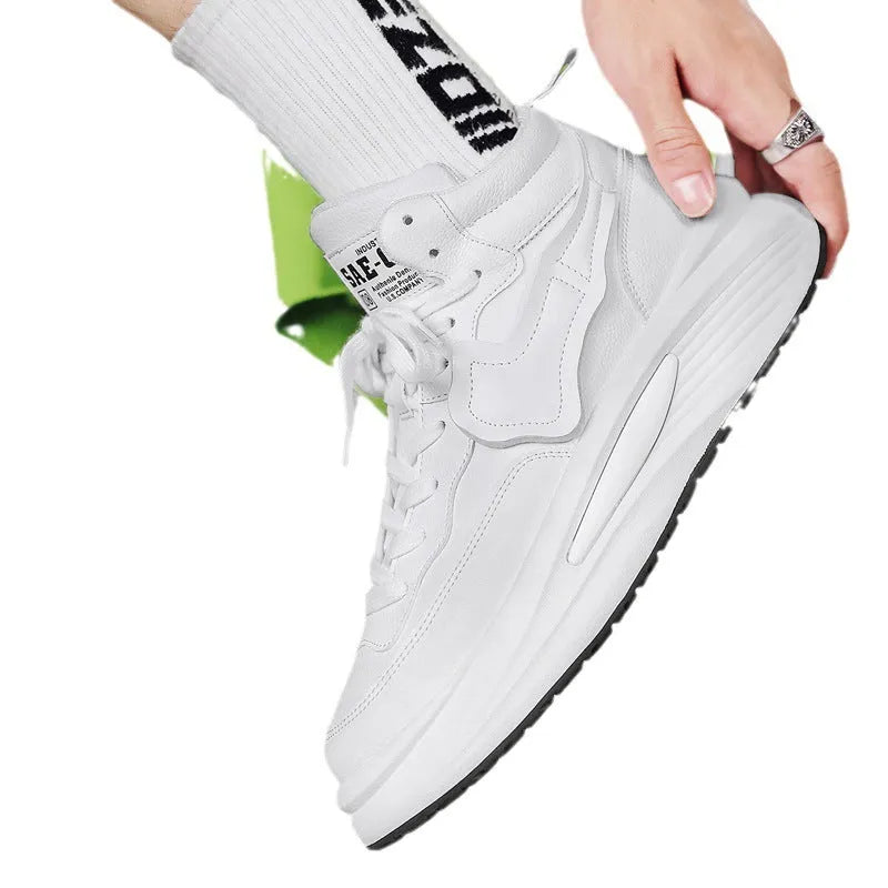 Men's black and white platform high-top board shoes with round toe artificial PU uppers