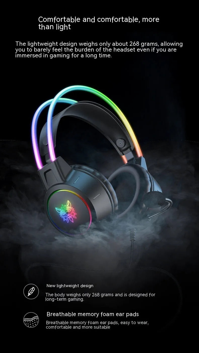 X15PRO wired gaming headset with 3.5mm plug, 50mm horn, RGB luminous design, and braided cable