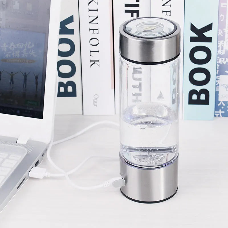 Hydrogen water bottle with electric generator in silver colour, borosilicate glass, 401-500ml capacity