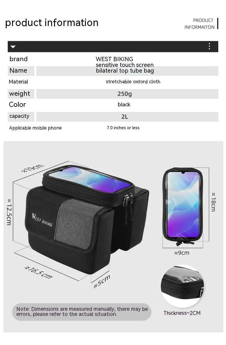 Black and gray Oxford cloth bilateral tube touch screen saddle bag with 2L capacity