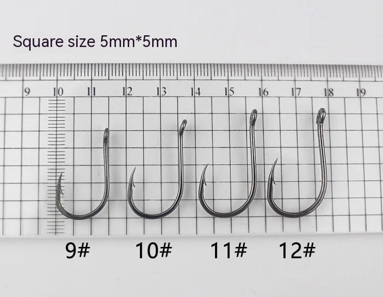 Barbed fishing hooks in various sizes from small to large on a blue background