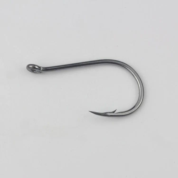 Barbed fishing hooks in various sizes from small to large on a blue background