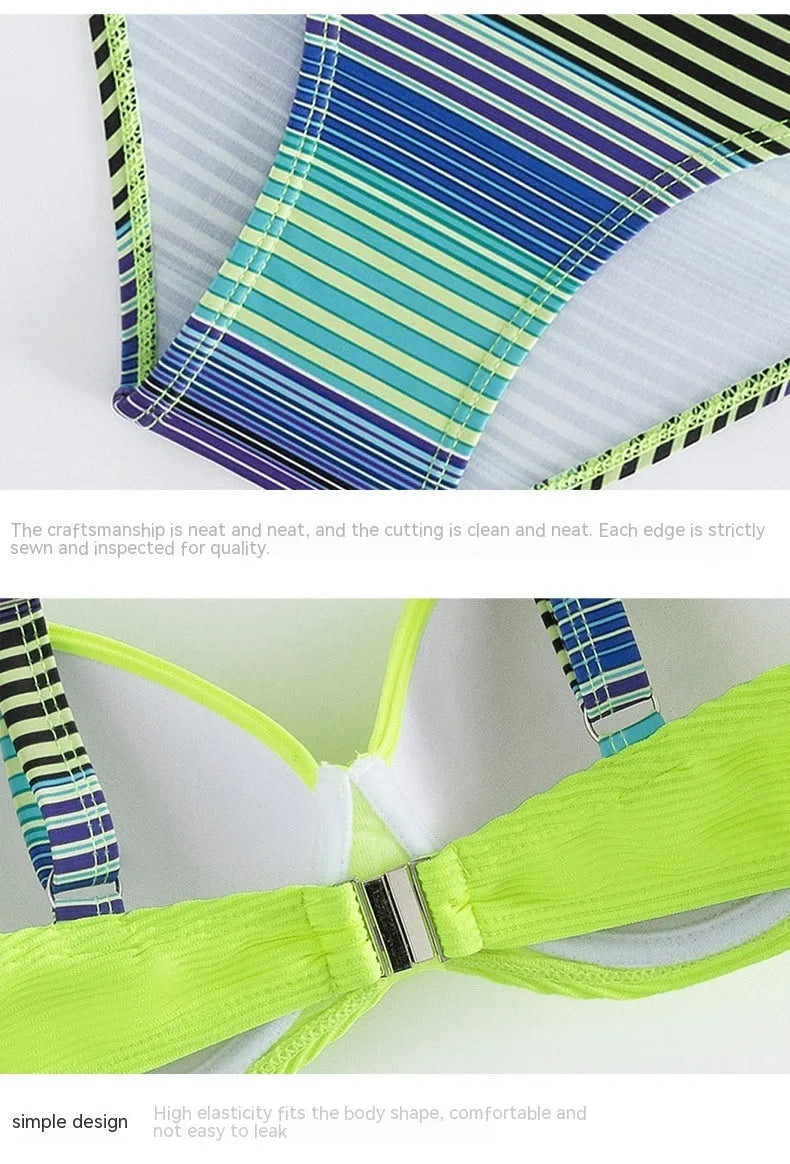 Green printed halter bikini set with split brief bottoms for women