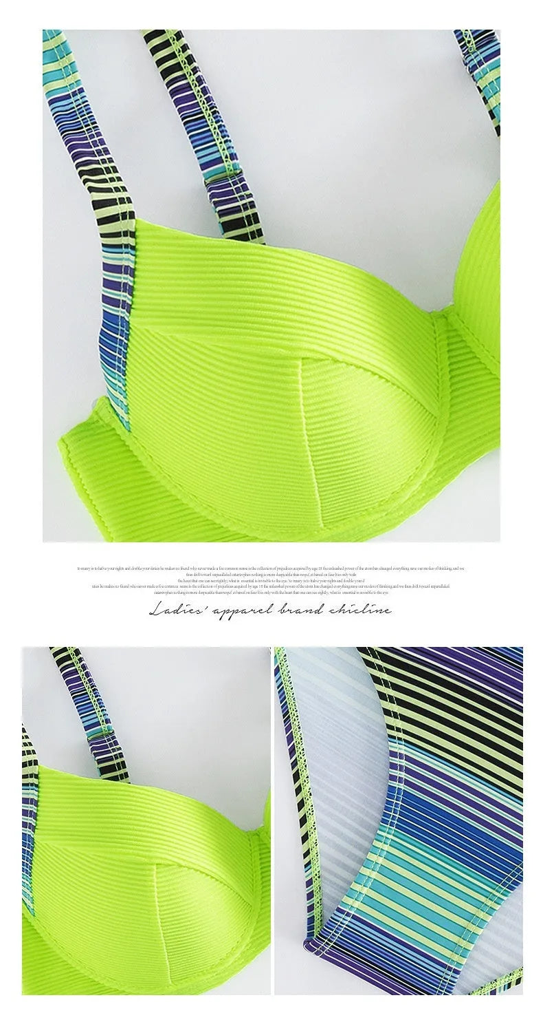 Green printed halter bikini set with split brief bottoms for women