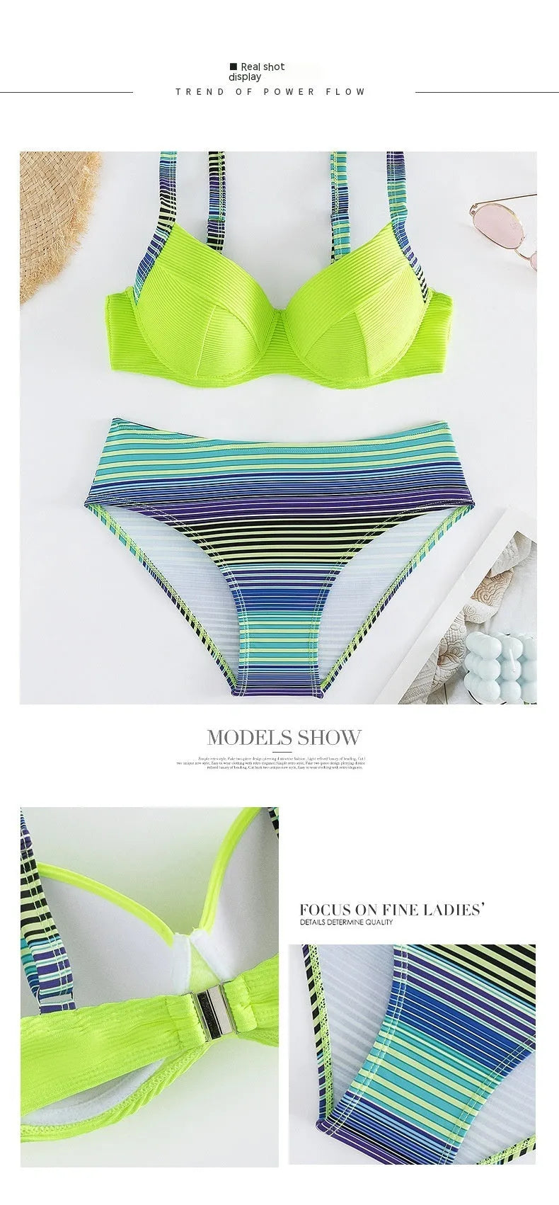 Green printed halter bikini set with split brief bottoms for women