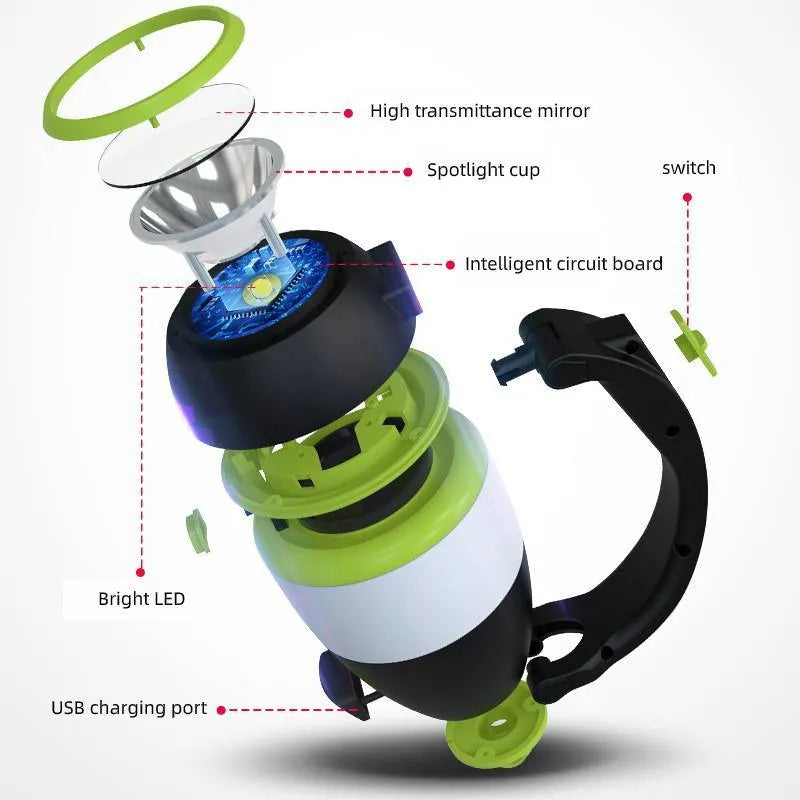 Black green 3-in-1 multifunctional LED tent lamp with adjustable head and USB port
