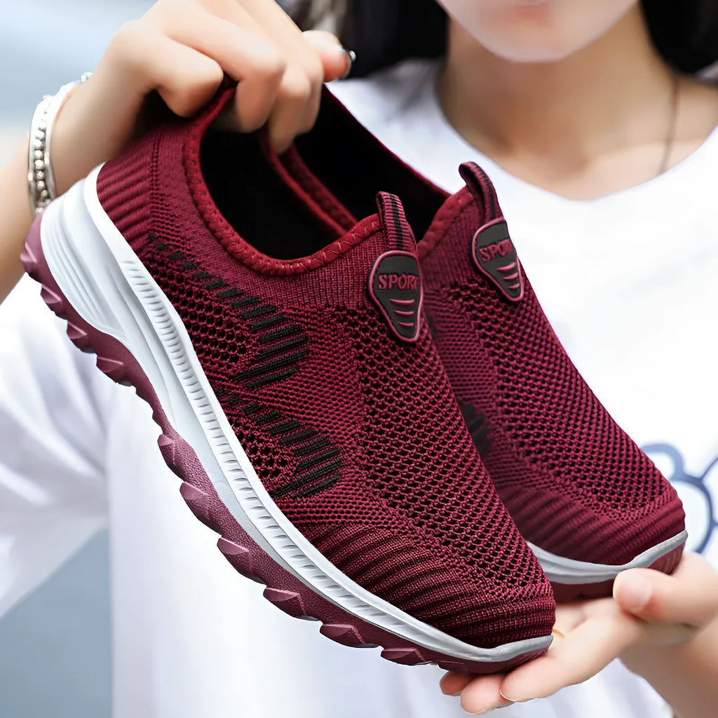 Women's casual sports shoes with mesh upper, round toe, flat heel, available in black, grey, purplish red, taro purple, sizes 36-41