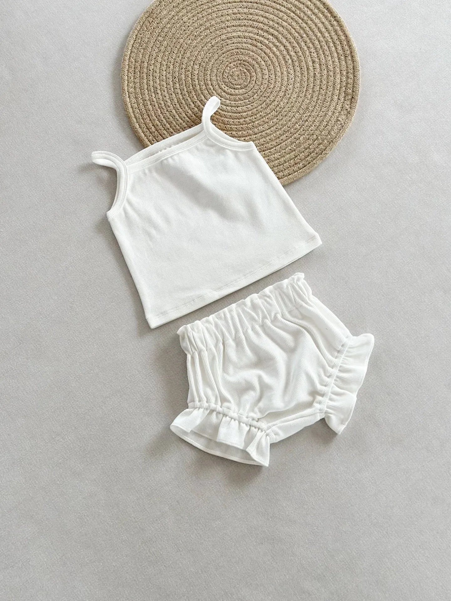 PP thin rib cotton baby girls' two-piece shorts set in coral pink with pullover blouse