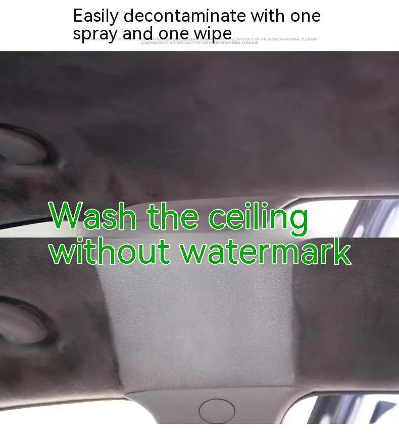 Bottle of wash free ultrasonic fabric roof cleaner with herb essence and oxidase for interior ceilings.
