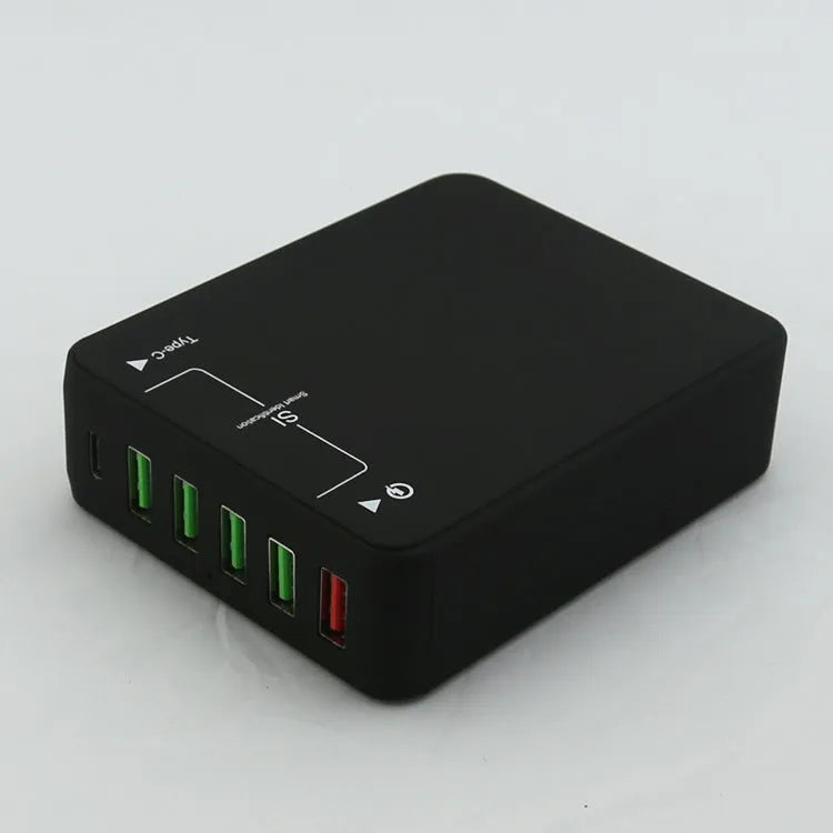 Black multi-port USB mobile phone charger with direct charging 8000mA output