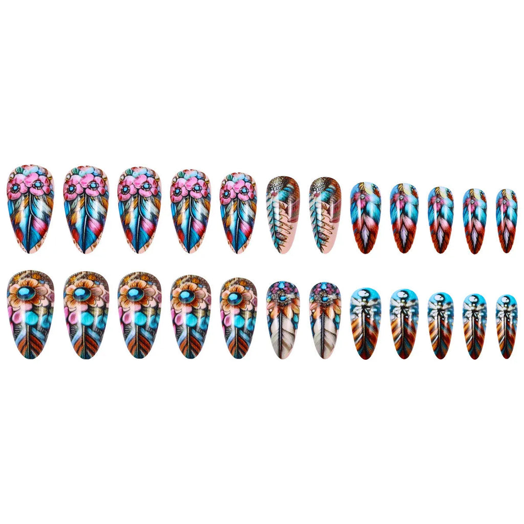 Plastic nail art set with colourful retro feather armour, cartoon, and floral patterns.