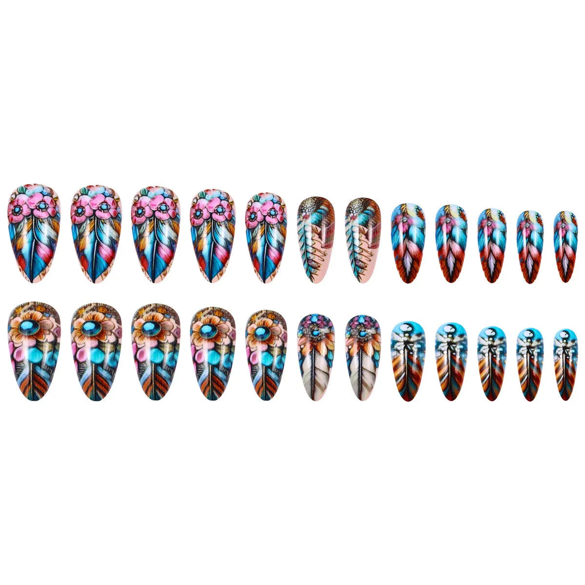 Plastic nail art set with colourful retro feather armour, cartoon, and floral patterns.