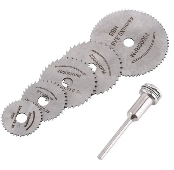 Set of six circular saw blades and a mandrel for woodworking tools.