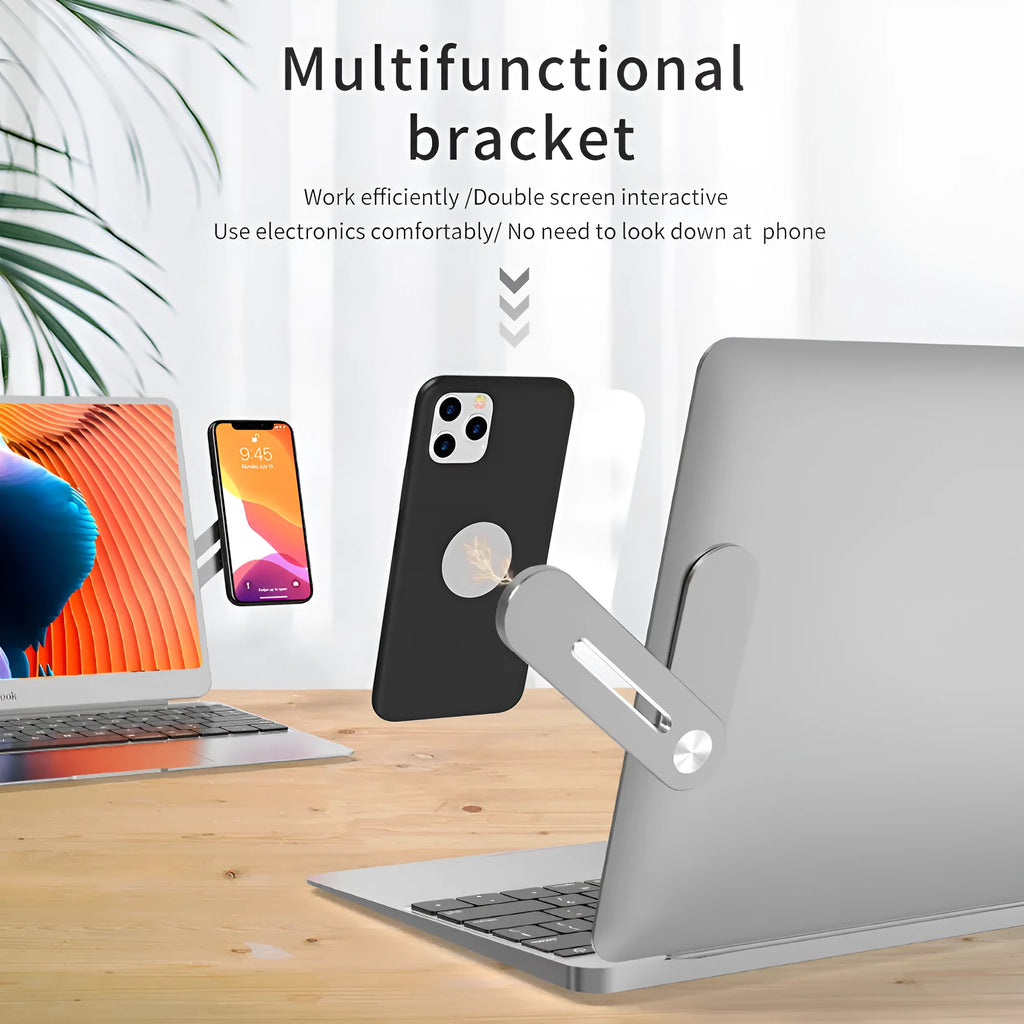 Silver aluminium laptop side mount bracket holding a smartphone next to a laptop screen.