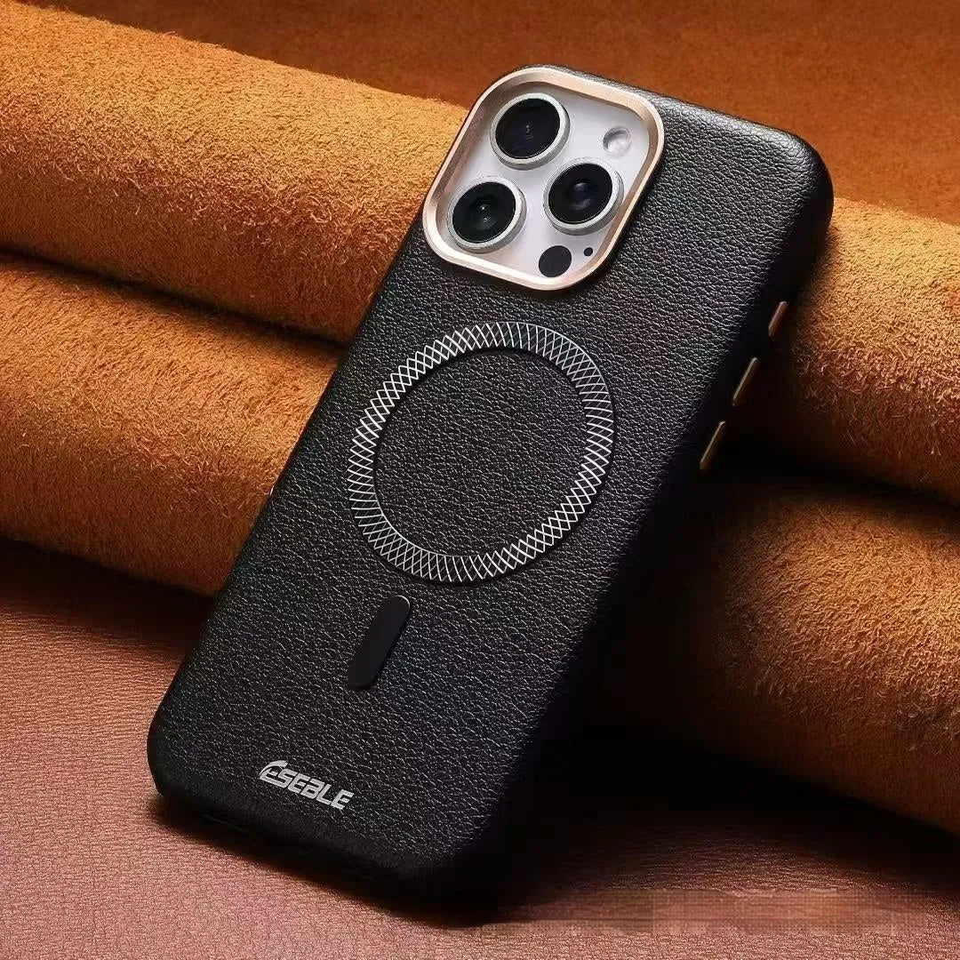 Triangle shield magnetic suction phone case for iPhone 15 in black imitation leather with embossed finish