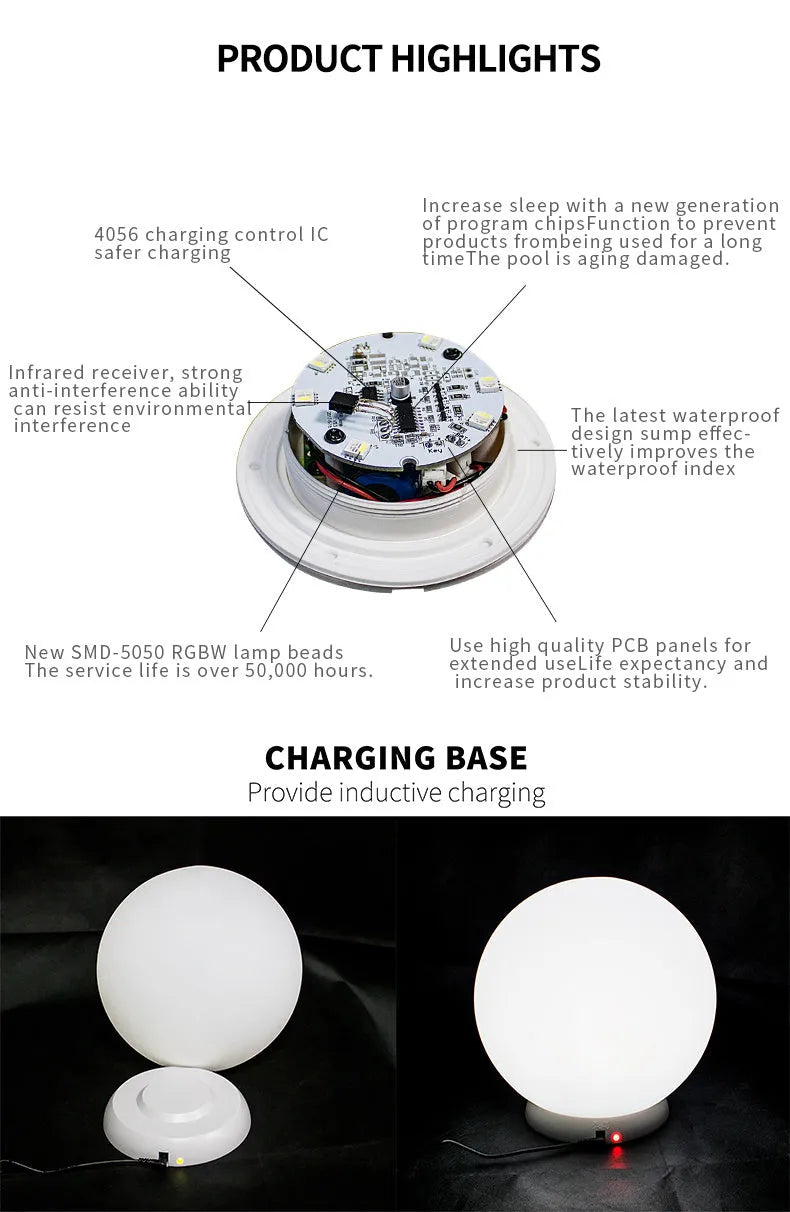 LED luminous ball lamp with remote control, 16 colours, IP67 rating, flat base for floor or floating use