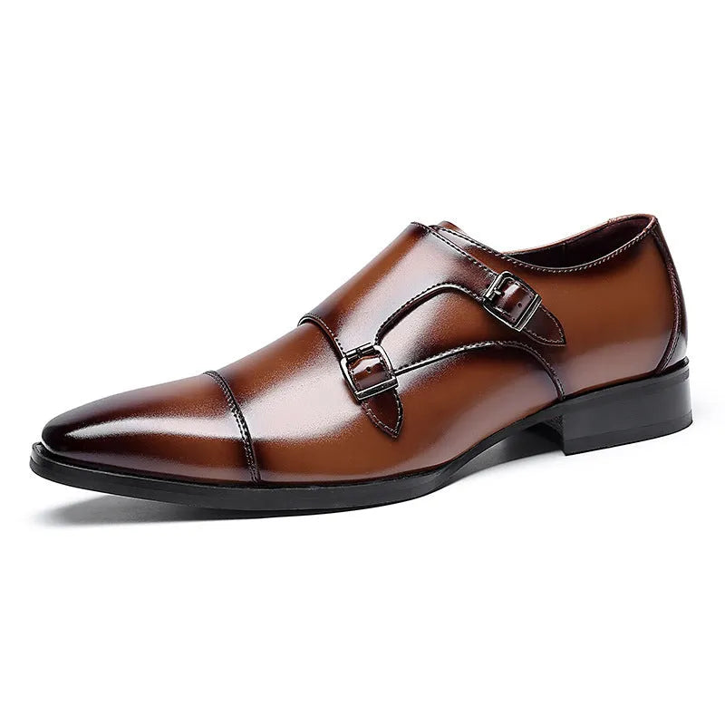 Men's black leather business shoes with square toe design and rubber sole