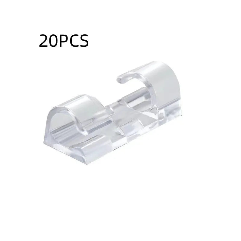 Transparent self-adhesive cable clips in four sizes for punch-free wire organisation