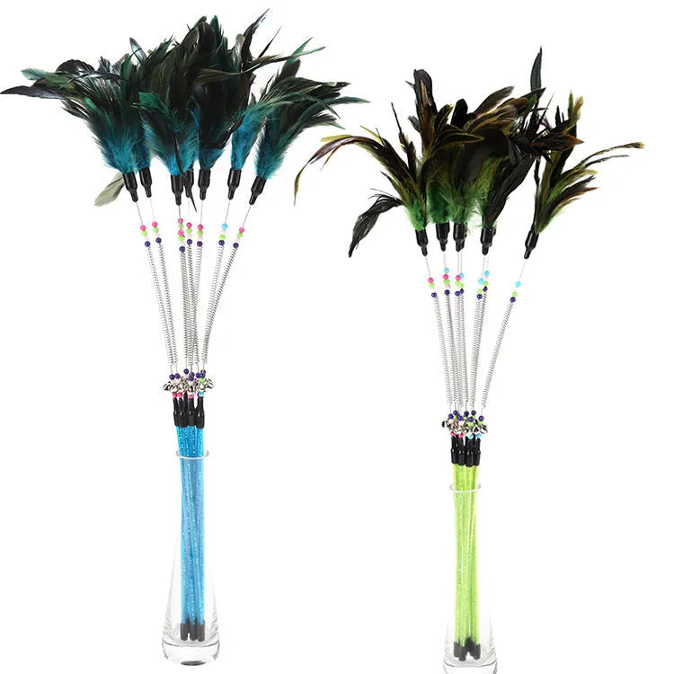 Feather cat toy with spring bells colour beads and 15.5cm cat stick in yellow blue purple red or green pole