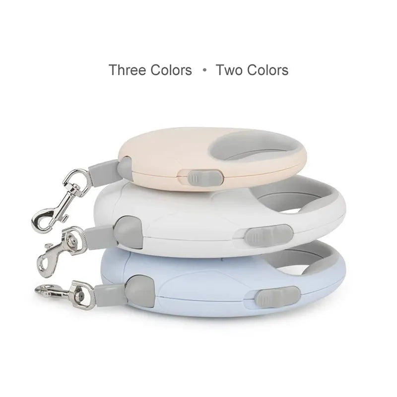 Retractable dog leash with nylon rope and plastic casing, in Blue, Pink, or White, sizes S and L.