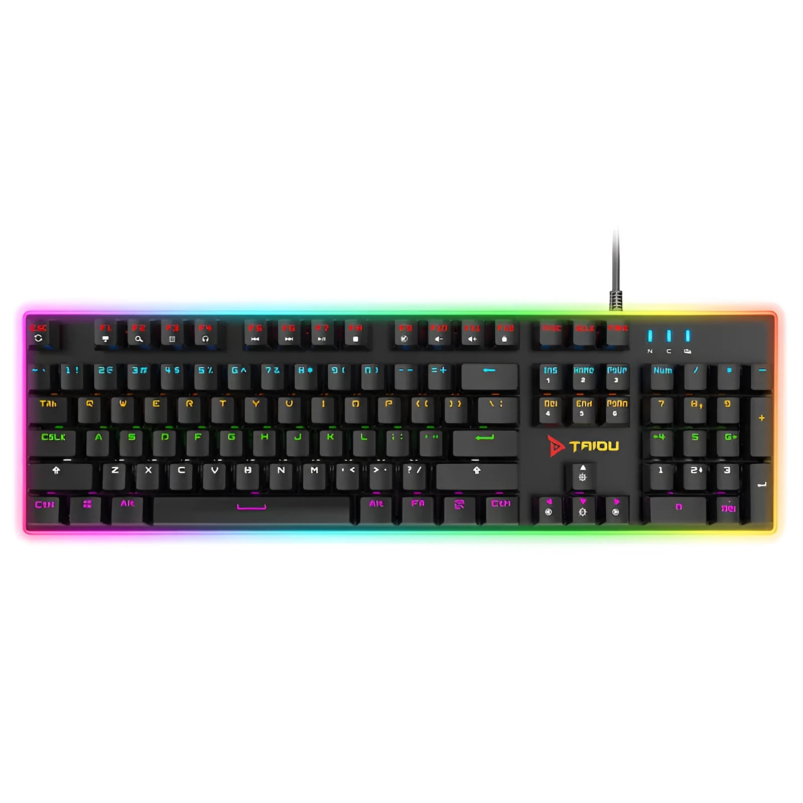 Real mechanical keyboard with RGB backlighting, USB wired connection, metal body, and 104 keys in a full-size layout