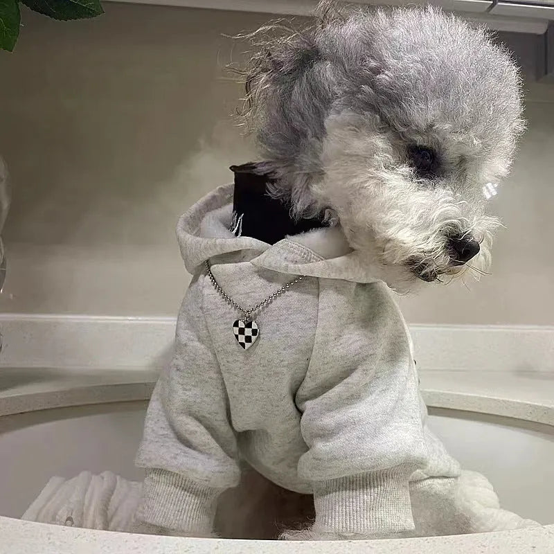 Light gray retro dog hoodie in polyester, pet clothing available in sizes S to 2XL